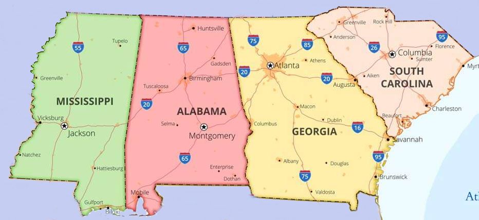 Map of the 4 states that make up the Southeast region: Mississippi, Alabama, Georgia, and South Carolina.